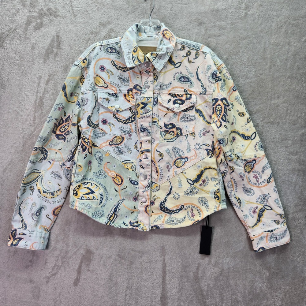 Blank NYC Womens XS Denim Jacket Paisley Print Button Front Long Sleeve Boho New